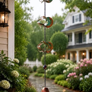 May include: A decorative rain chain with copper and green accents hangs in the rain. The chain features three circular elements and a bell at the bottom with the word "TEXT" on it. The background includes a house and lush greenery.