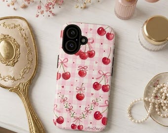Coquette Pink Cherry iPhone Case with Ribbon Bows, Cute Gingham Aesthetic Phone Cover for iPhone