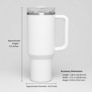 May include: A white insulated travel mug with a handle and clear lid. The mug is approximately 24 cm tall and 10 cm in diameter. Accessory dimensions are: Length 32.50 mm, Width 18.00 mm, Height 15.0 mm.