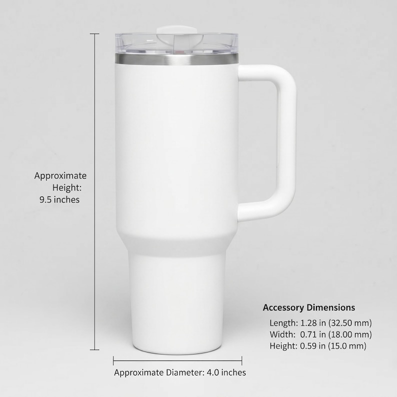May include: A white insulated travel mug with a handle and clear lid. The mug is approximately 24 cm tall and 10 cm in diameter. Accessory dimensions are: Length 32.50 mm, Width 18.00 mm, Height 15.0 mm.