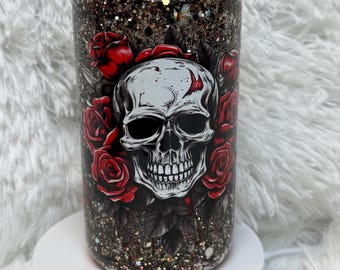 Vaso de 16 oz con diseño de calavera, rosas, corazón y purpurina, bola de nieve.