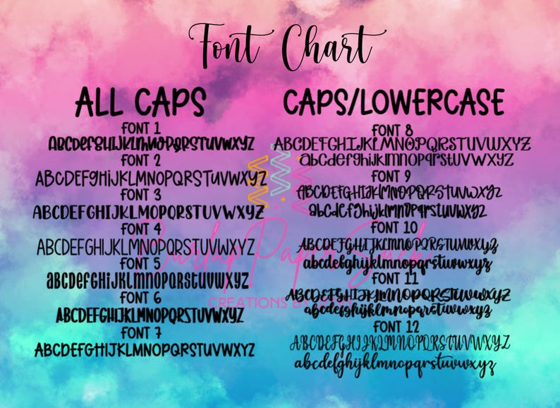 Puede incluir: Tabla de fuentes con ejemplos de diferentes fuentes en may&uacute;sculas y may&uacute;sculas/min&uacute;sculas. El fondo es una mezcla de rosa, morado y azul. El texto incluye "Font Chart", "ALL CAPS" y "CAPS/LOWERCASE".