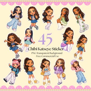 Paquete de 45 pegatinas Chibi de Katseye | Clip art de muñeca de moda, personaje de dibujos animados, descarga digital kawaii