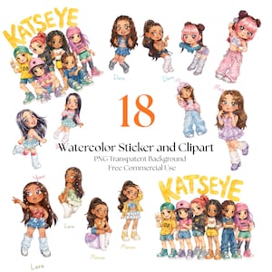 Puede incluir: Una colección de 18 ilustraciones digitales estilo acuarela con personajes de proporciones chibi con diversos colores de cabello y atuendos. El texto KATSEYE aparece en amarillo, junto al número 18 y el texto Watercolor Sticker and Clipart.