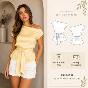 May include: A woman wearing a yellow off-the-shoulder top with a matching waist tie and white shorts. The image also shows a sewing pattern with illustrations of the top, along with text indicating PDF files and sewing instructions. The size range is EU 34-44 / UK 6-16 / US 2-12.