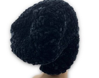 Hand Made Crochet Black Velour Oversized Beanie Winter Hat 