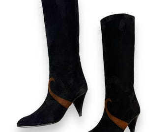 1960's Italian PANCALDI for ERIC COUTURE black and brown suede knee high boots
