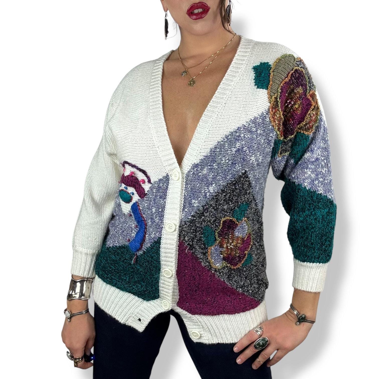80's JACLYN SMITH Funk Knit Cardigan Sweater With Metallic