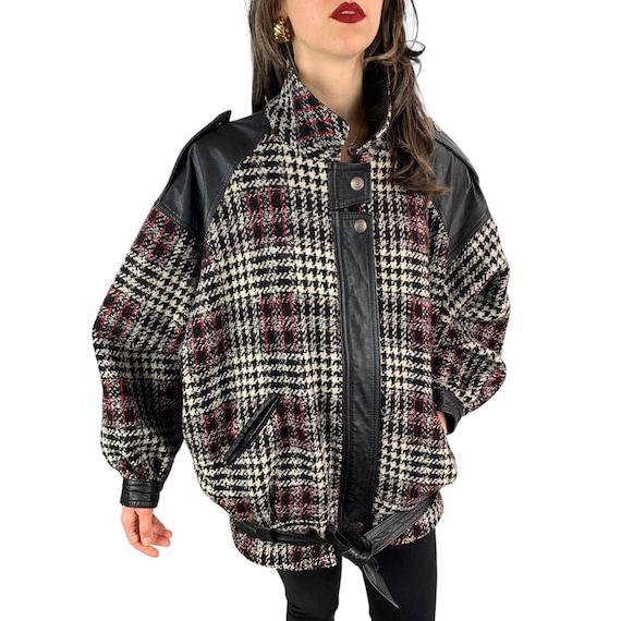 1970's wool plaid and leather dolman batwing slee… - image 1