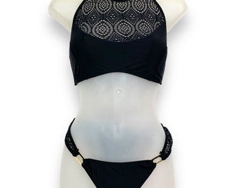 Y2K RAMPAGE bikini nero super carino a due pezzi con scollo all'americana in pizzo