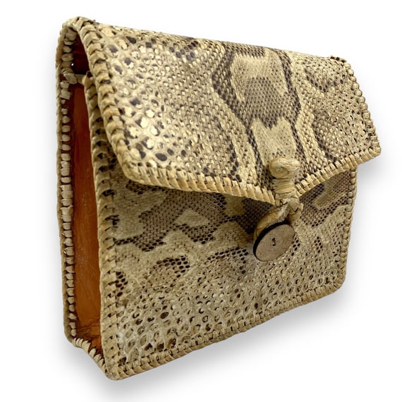 1970's Python snakeskin raffia trim clutch purse - image 3