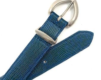 Jaren 70 designer blauwgroene leren riem met reptielenleer in reliëf, van HARKEN