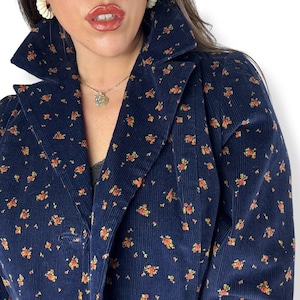 1970&#39;s custom tailored navy rose print corduroy blazer
