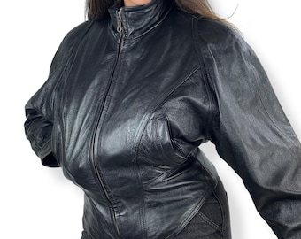 Vintage WILSONS LEATHER black batwing cropped corset motorcycle leather jacket