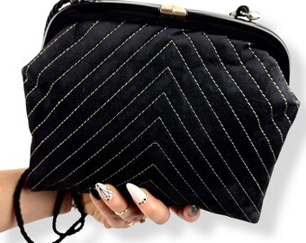 1950's Italian hand made black velvet gold threaded purse