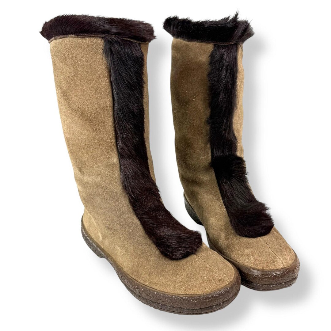 靴 SHEARLING BOOT - BROWN LEATHER 1960's Goat Fur Trim Brown Shearling Lined Winter Eskimo
