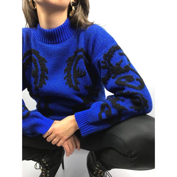 1980s metallic blue knit mock neck