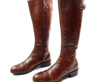 90's FRANCO SARTO brown crocodile leather knee high riding boots