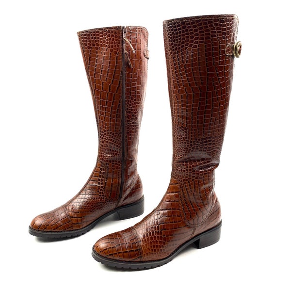 90's FRANCO SARTO brown crocodile leather knee high riding boots