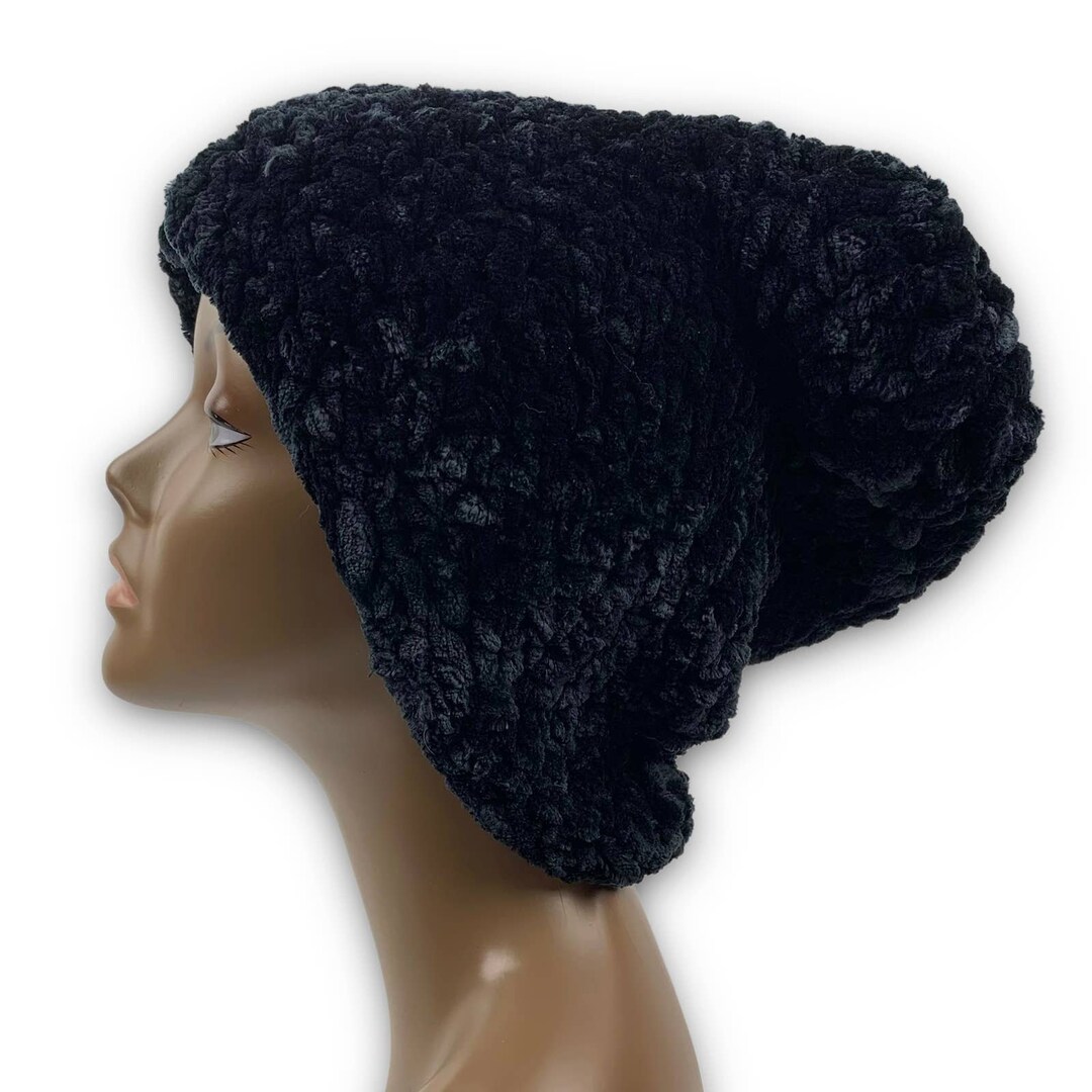 Hand Made Crochet Black Velour Oversized Beanie Winter Hat  display picture 3
