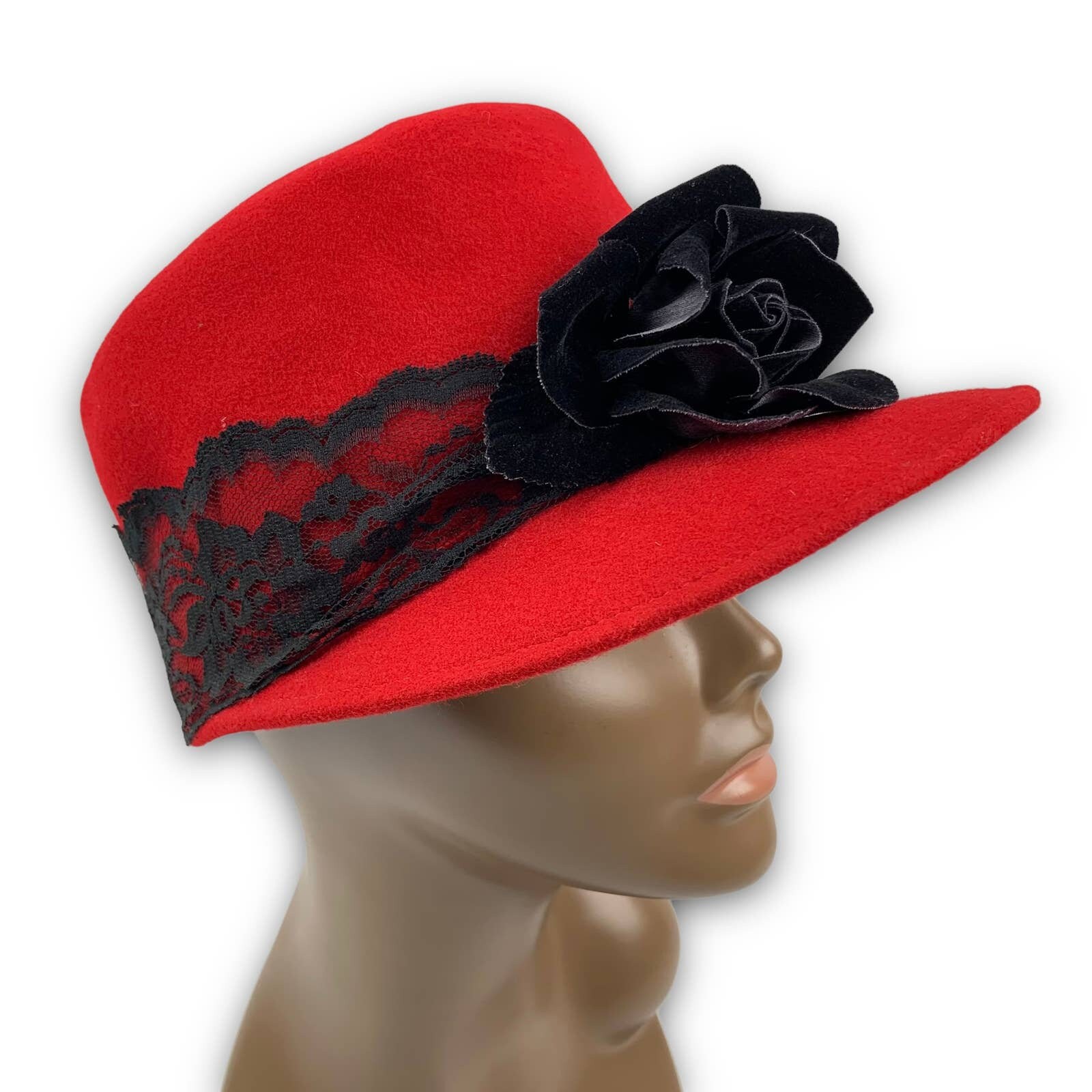 Black Felt Hat W/ Gold Lace Band & Colorful Fabric Flowers Bollman Hat Co Blue Flowers - Wide Brim Hat – ColorMeCarole main image 2
