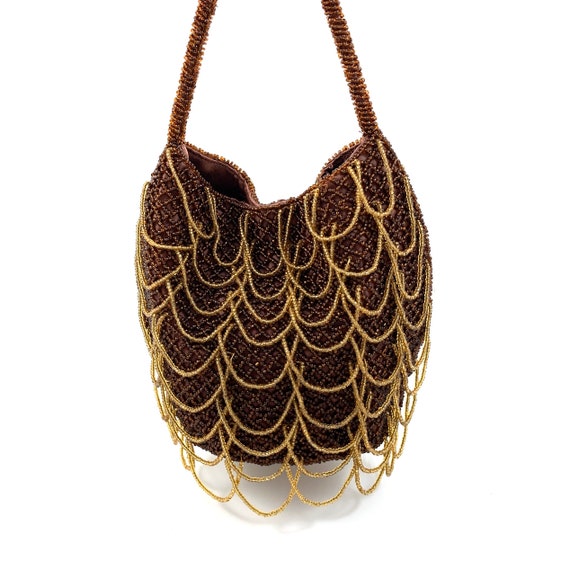 Vintage brown and gold glass beaded scalloped mini