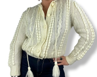 1970's cream cable knit cardigan with tassels