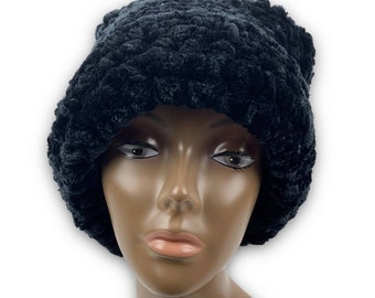 Hand made crochet black velour oversized beanie winter hat Hand Made Crochet Black Velour Oversized Beanie Winter Hat  main image 2