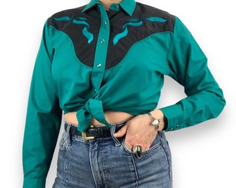 1950's ELY'S COUNTRY CHARMERS embroidered teal cowgirl cotton button down blouse