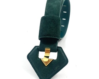 1980's MILOR green genuine suede leather belt with snakeskin triangle buckle