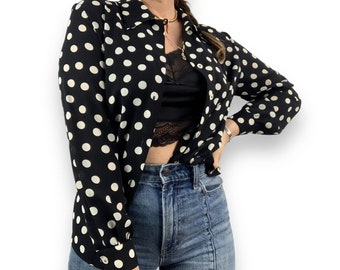 90's LIZ CLAIBORNE COLLECTION black white polka dot semi sheer button down blouse