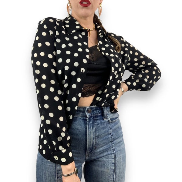 90's LIZ CLAIBORNE COLLECTION black white polka dot semi sheer button down blouse