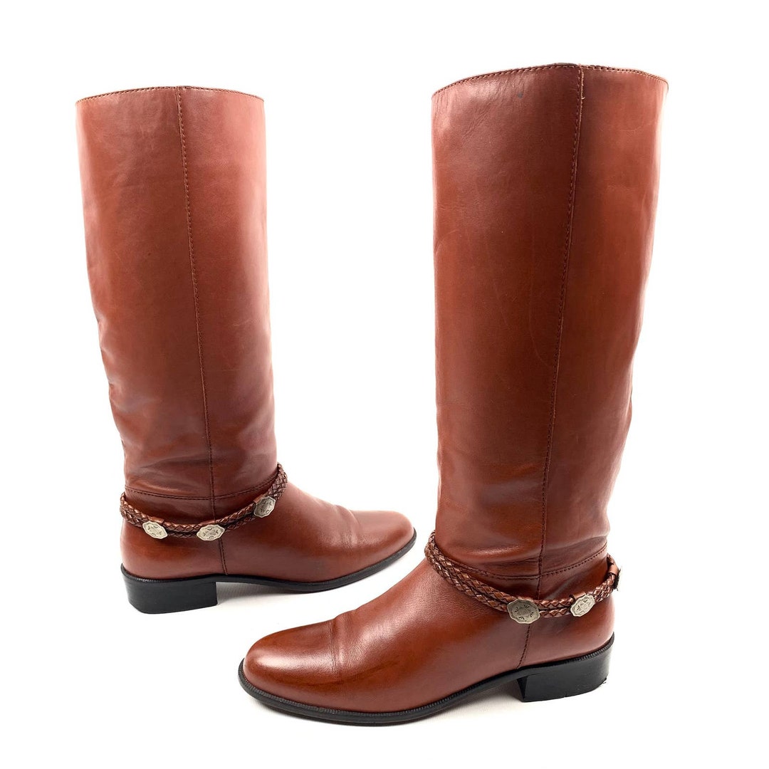 90's UNISA Brown Leather Knee High Equestrian Riding Boots Etsy