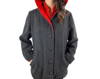 Pure laine des années 60 AUTHENTIC MACKINTOSH VESTCOAT manteau à capuche contrastant gris et rouge