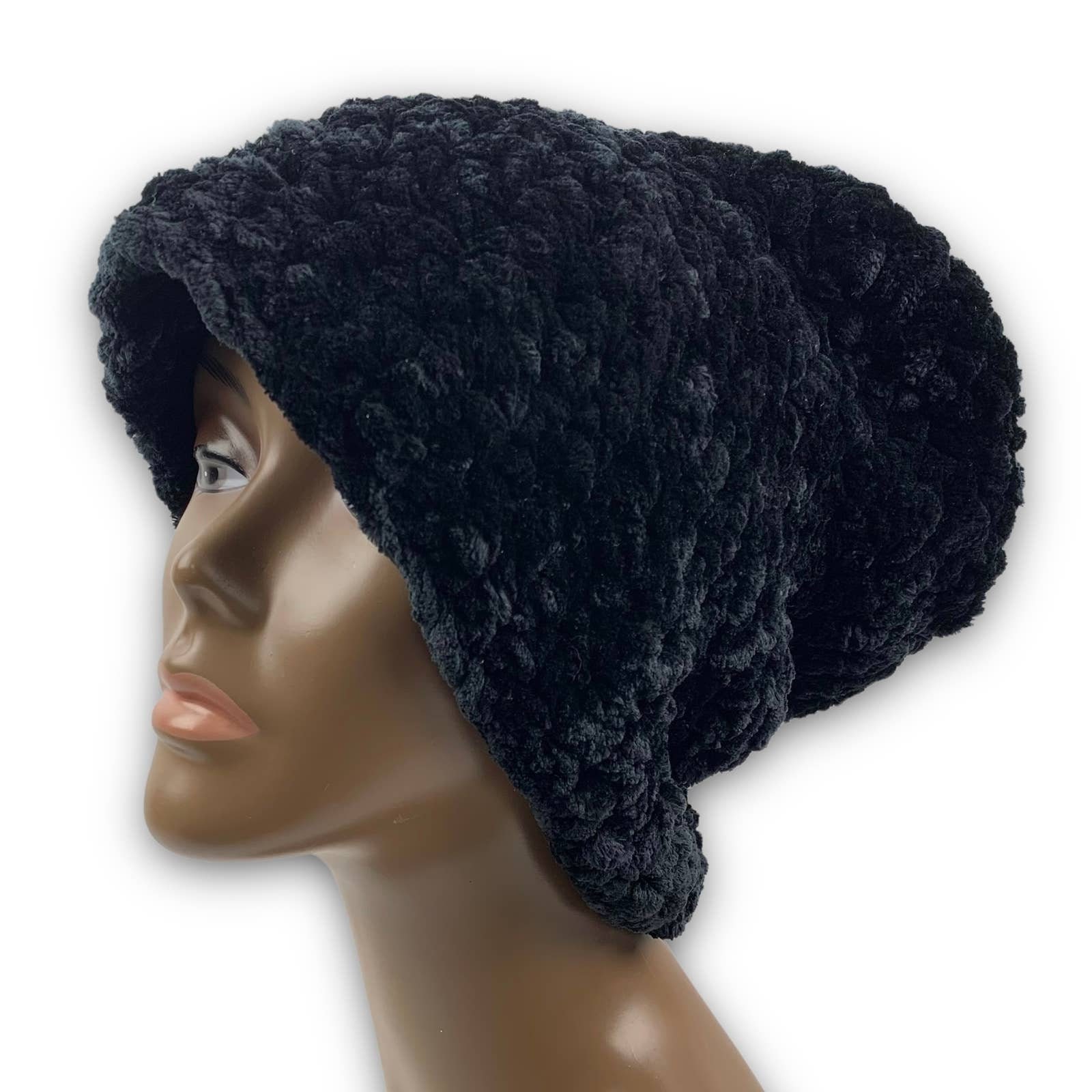 Hand Made Crochet Black Velour Oversized Beanie Winter Hat  display picture 2