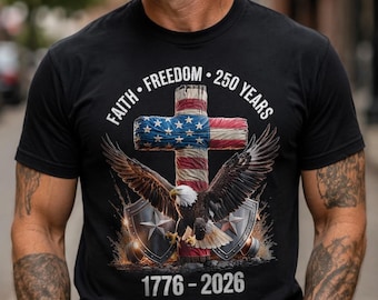 Fe y libertad 250 años Cruz cristiana Águila PNG, patriótico 4 de julio Descarga digital, diseño listo para impresión por sublimación