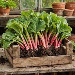 May include: A cluster of freshly harvested rhubarb plants with vibrant green leaves and thick, reddish-pink stalks. The base of the plants is covered in dark soil, and the entire bunch is contained within a rustic, weathered wooden crate.