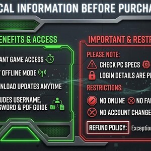 May include: A digital information graphic titled CRITICAL INFORMATION BEFORE PURCHASING. The left green section lists GAME BENEFITS & ACCESS including instant game access, offline mode, updates, and login details. The right red section lists IMPORTANT & RESTRICTIONS including PC specs, permanent login, no online, no family sharing, and no account changes.