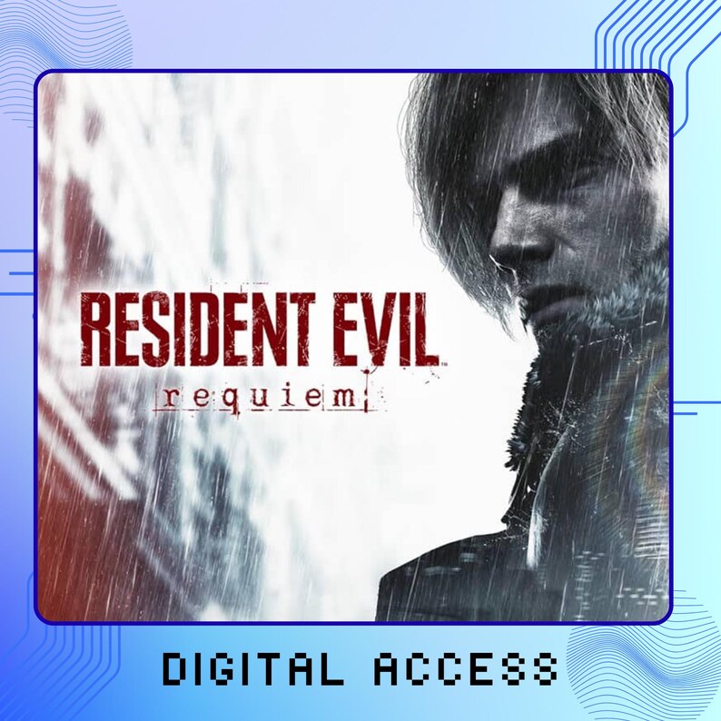 May include: A digital access graphic for Resident Evil Requiem featuring a black and white portrait of a person with light hair, rain effects, and the red text Resident Evil requiem. The bottom of the image displays the text DIGITAL ACCESS.