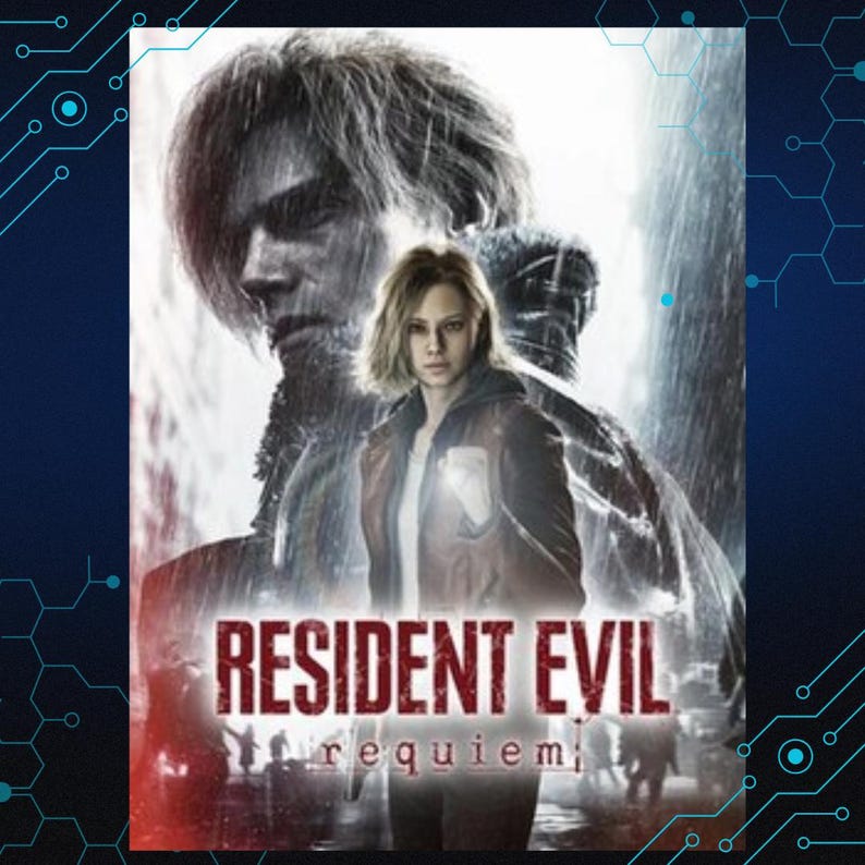 May include: A promotional poster for Resident Evil Requiem featuring a large, faded portrait of a man in the background and a woman in the foreground wearing a brown jacket, holding a glowing light, with the title text centred at the bottom.