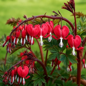 Può includere: Una pianta di cuore di Maria con molteplici steli arcuati e fiori rosso vivo a forma di cuore. Ogni fiore presenta una distinta protuberanza bianca simile a un petalo alla base, su un fogliame verde scuro profondamente lobato.