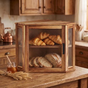 May include: A wooden bread box with a corner-shaped design, featuring a glass door with a honeycomb texture and a black handle. The interior has two shelves holding several croissants on the top shelf and sliced bread on the bottom shelf.