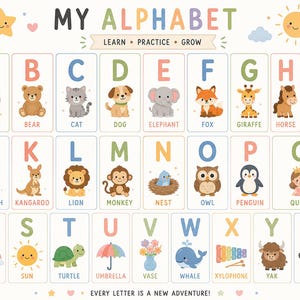 May include: A colorful educational poster titled "MY ALPHABET" features the letters A-Z with corresponding illustrations. Each letter has a picture and a word, such as "Apple" for A and "Zebra" for Z. The poster includes the text "LEARN PRACTICE GROW" and "EVERY LETTER IS A NEW ADVENTURE!"
