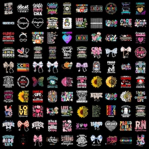 May include: A collection of graphic designs on a black background featuring various illustrations of bows, stethoscopes, sunflowers, and hearts, accompanied by text related to caregivers, nurses, and medical professions in multiple colours and fonts.