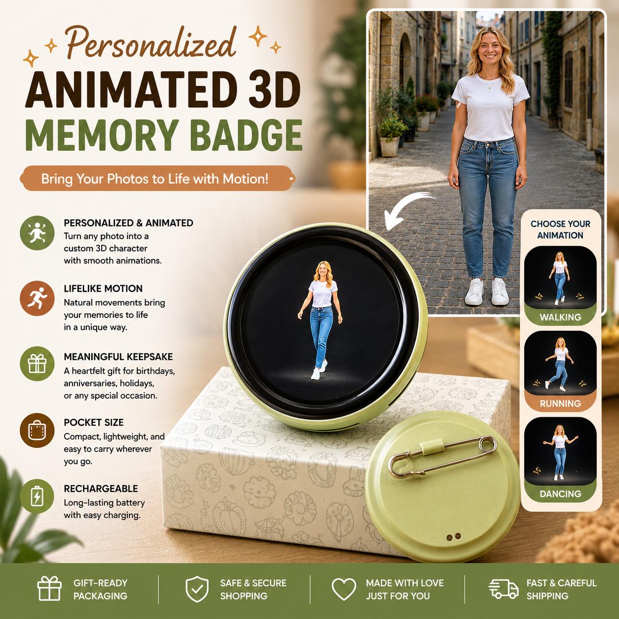 Personalized Animated 3D Memory Badge Custom Moving Photo Pin, Walking Running Dancing Animation