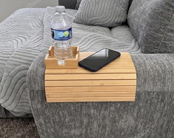 Bamboo Couch Cup Holder & Armrest Tray with a Secure Drink Slot, Snack Tray For Couch, Couch Arm Tray, Couch Arm Rest Table, Sofa Organizer
