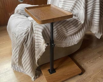 C Shaped Wood and Iron Side Table With Wheels & Adjustable Height, Sofa Side Table, Small Space Table, Couch Snack Table, Bedside Table