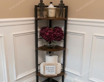 Multi Tier Wood & Metal Narrow Corner Shelf, Corner Display Shelf, Tall Corner Shelf, Small Space Shelf, Ladder Shelf, Bookcase Shelf