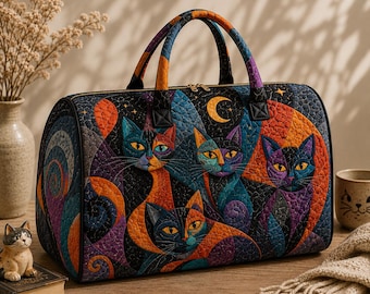 Cute Celestial Travel Tote, Large Weekender Bag for Women, Mystic Black Cat Overnight Bag, Gift for Cat Lovers, Witchy Moon Duffle Bag