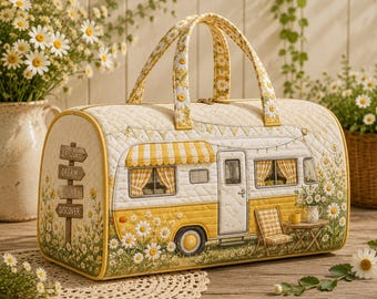 Camper Trailer Weekender Bag, Vintage RV Overnight Bag, Glamping Travel Tote, Happy Camper Duffle Bag, Cute Road Trip Purse, Vacation Bag